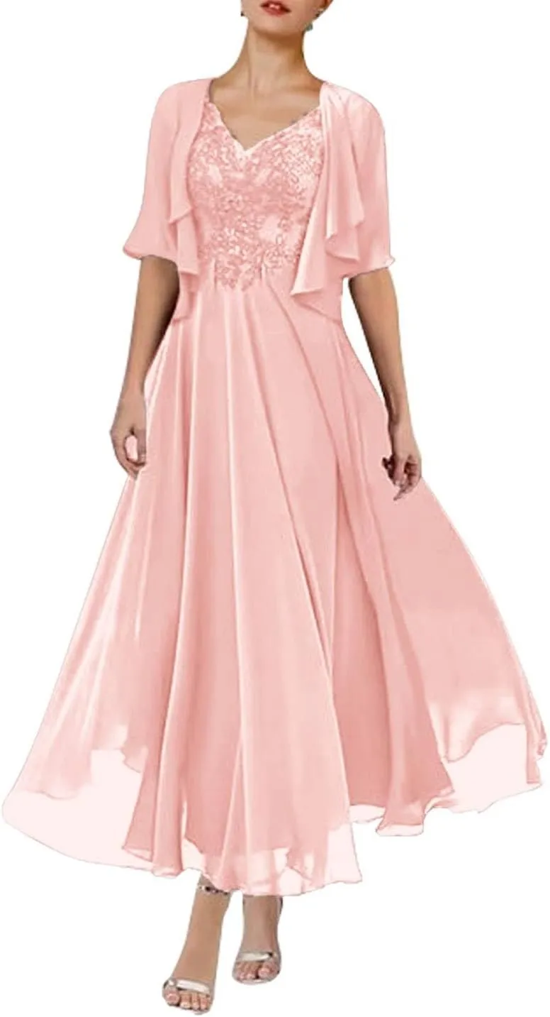 2 Piece Tea Length Mother of The Bride Dresses with Jacket A Line Formal Evening Gown with Pockets