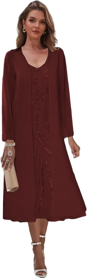 2 Pieces Mother of The Bride Dresses for Wedding Tea Length Formal Dress with Jacket Sequin Evening Gown