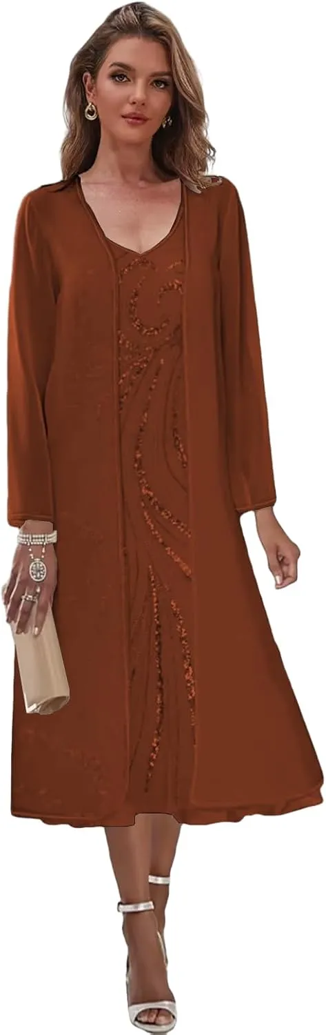 2 Pieces Mother of The Bride Dresses for Wedding Tea Length Formal Dress with Jacket Sequin Evening Gown