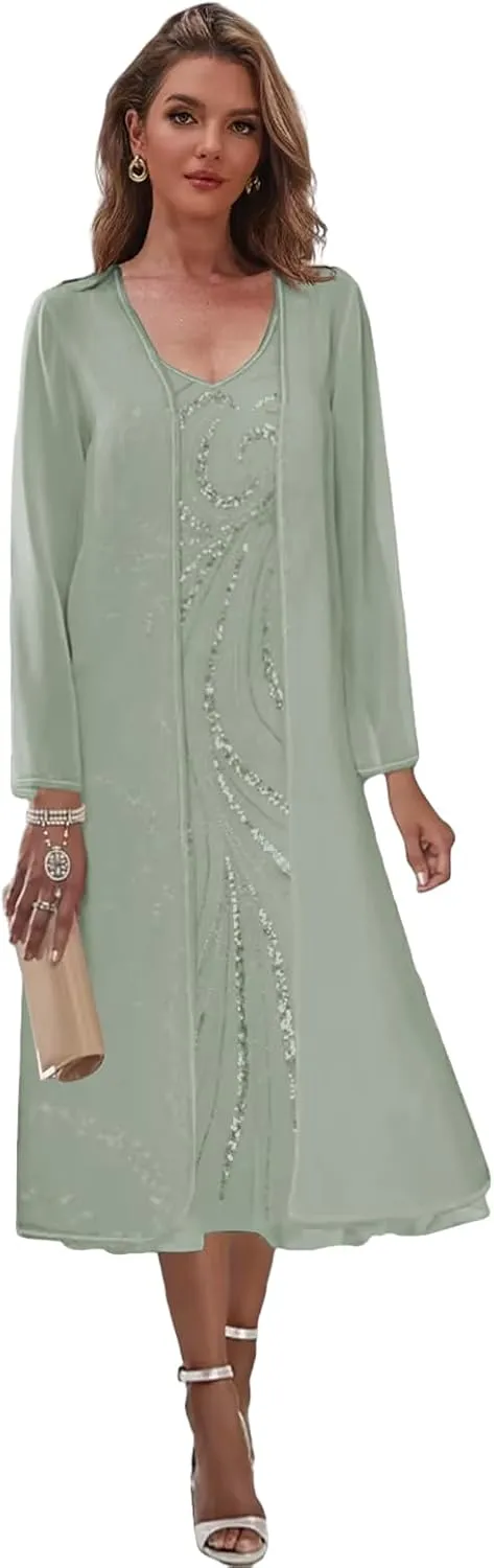 2 Pieces Mother of The Bride Dresses for Wedding Tea Length Formal Dress with Jacket Sequin Evening Gown