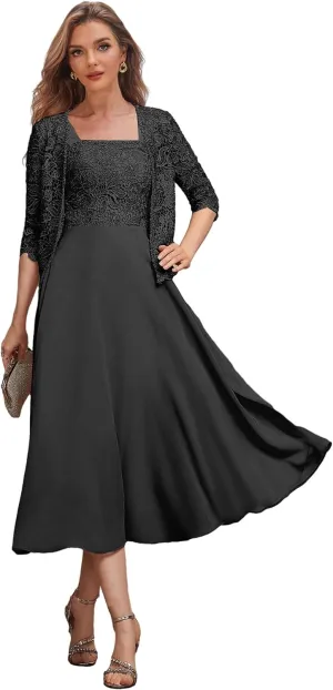 2 Pieces Mother of The Bride Dresses for Women Tea Length Formal Dress with Jacket Lace Evening Gown