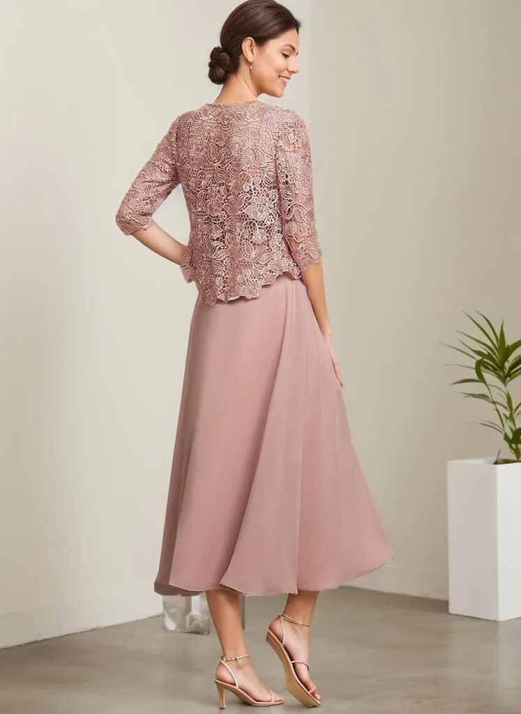 2 Pieces Mother of The Bride Dresses for Women Tea Length Formal Dress with Jacket Lace Evening Gown