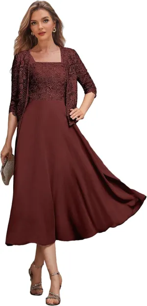2 Pieces Mother of The Bride Dresses for Women Tea Length Formal Dress with Jacket Lace Evening Gown