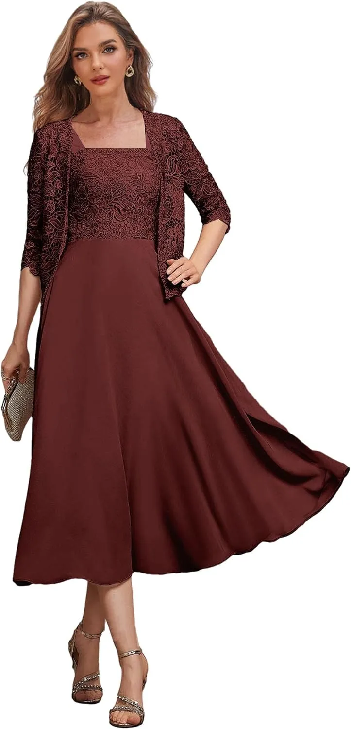 2 Pieces Mother of The Bride Dresses for Women Tea Length Formal Dress with Jacket Lace Evening Gown