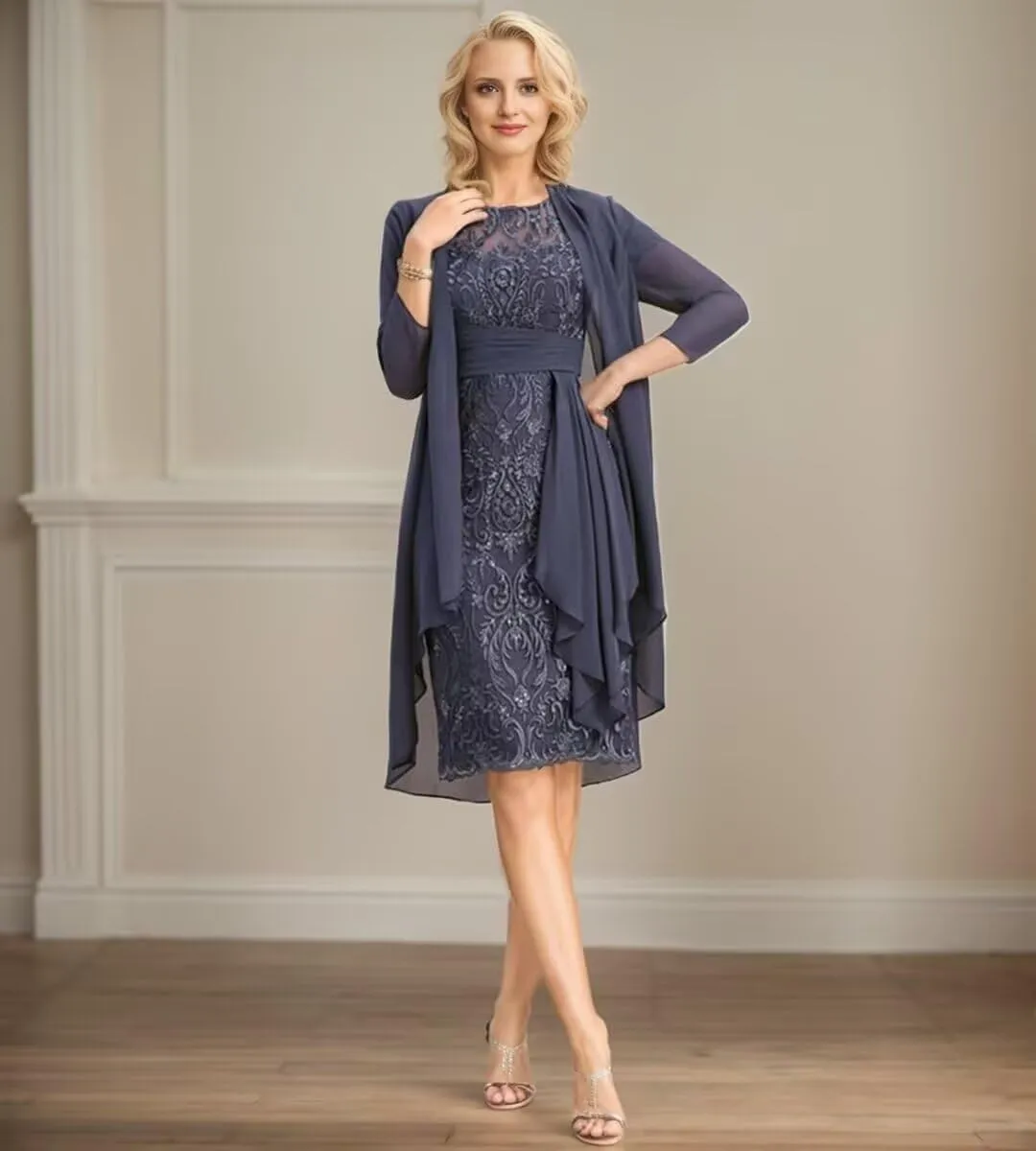2 Pieces Mother of The Bride Dresses with Jacket Lace Chiffon Formal Wedding Guest Dress