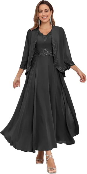 2 Pieces Mother of The Bride Dresses with Jacket Sequins Lace Chiffon Formal Evening Wedding Guest Dress