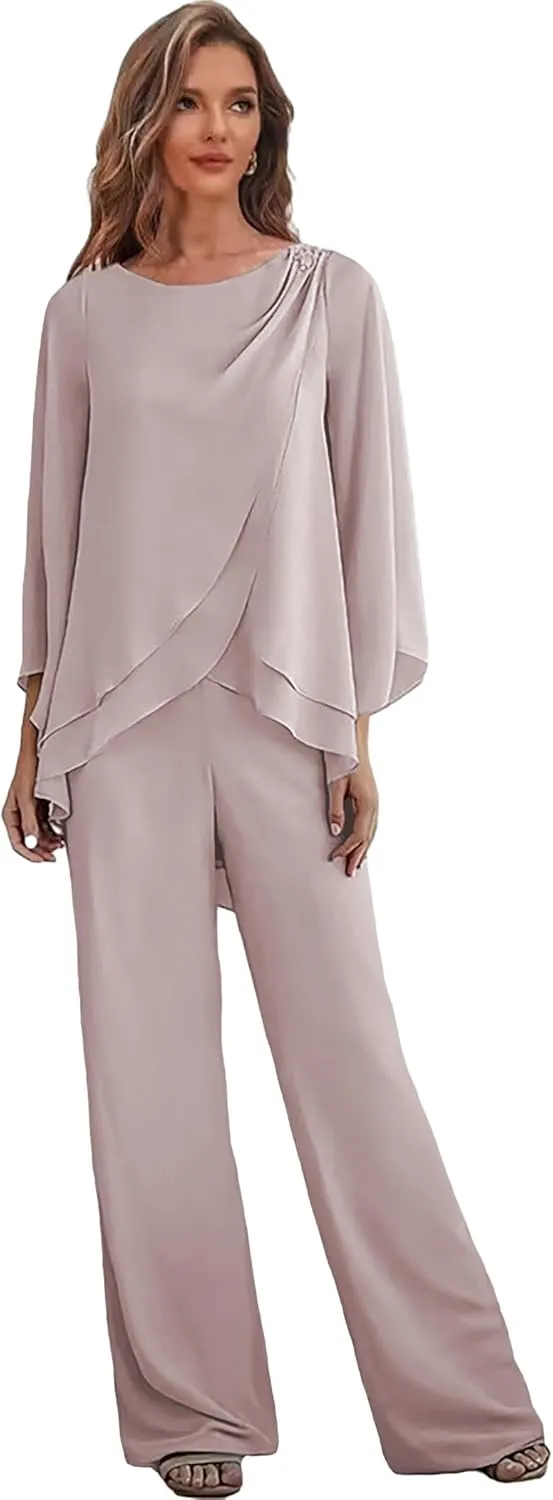 2 Pieces Mother of The Bride Pant Suits for Women Chiffon Wedding Guest Pantsuits with Sleeves Outfit Set