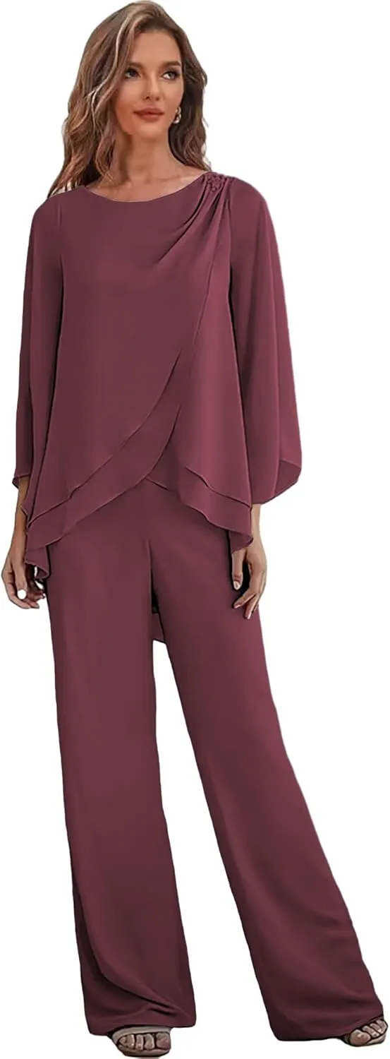 2 Pieces Mother of The Bride Pant Suits for Women Chiffon Wedding Guest Pantsuits with Sleeves Outfit Set