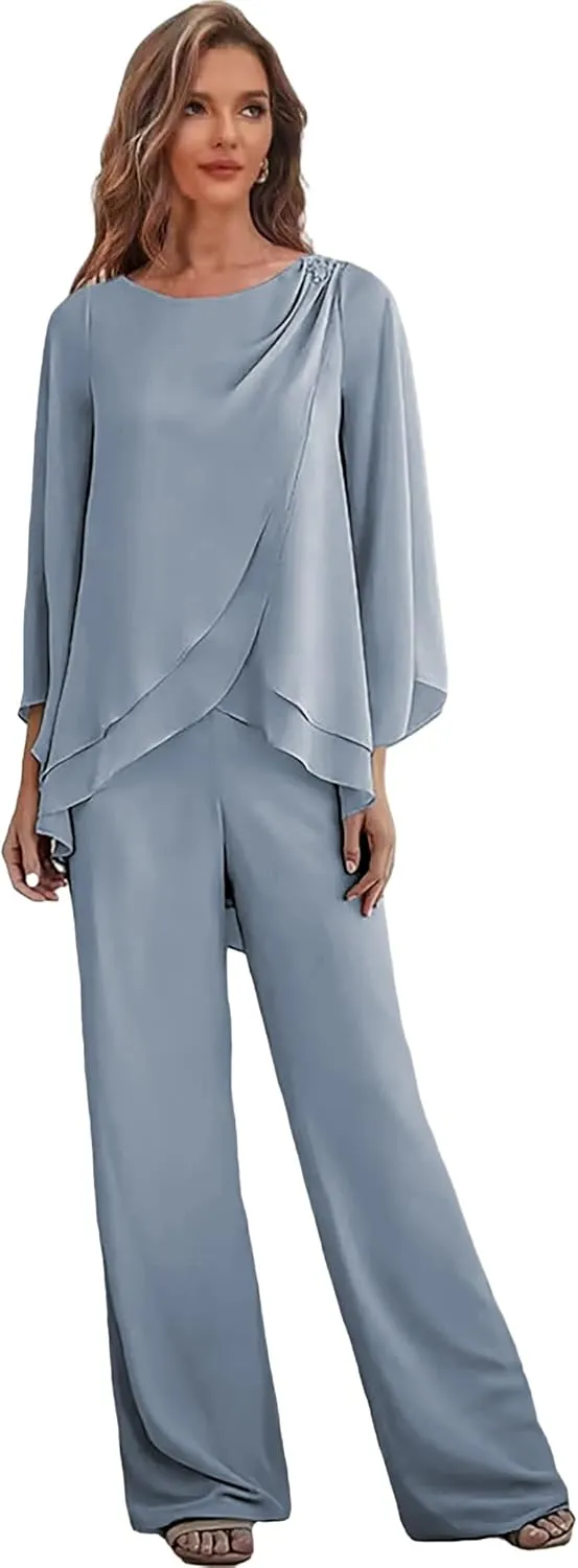2 Pieces Mother of The Bride Pant Suits for Women Chiffon Wedding Guest Pantsuits with Sleeves Outfit Set