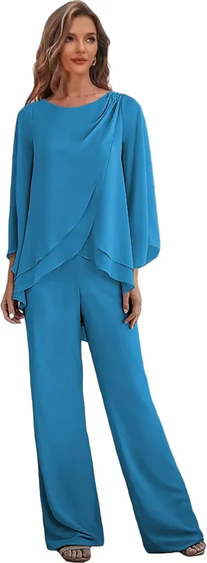 2 Pieces Mother of The Bride Pant Suits for Women Chiffon Wedding Guest Pantsuits with Sleeves Outfit Set