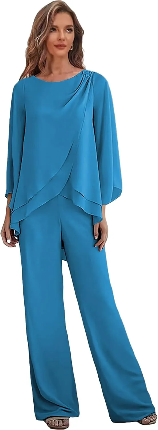 2 Pieces Mother of The Bride Pant Suits for Women Chiffon Wedding Guest Pantsuits with Sleeves Outfit Set