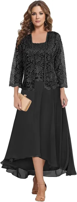 2 Pieces Tea Length Mother of The Bride Dresses for Women Wedding Lace Chiffon Formal Evening Gown with Jacket