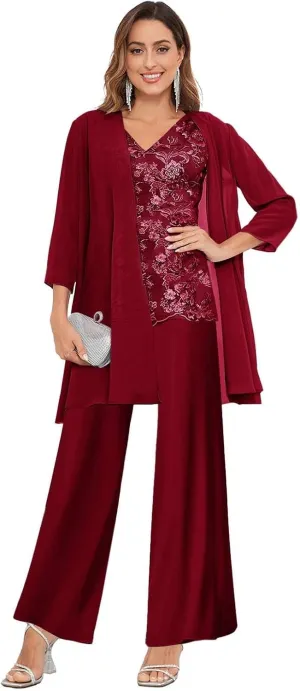 3 Pieces Mother of The Bride Pant Suits for Wedding Lace Chiffon Formal Evening Gowns with Jacket