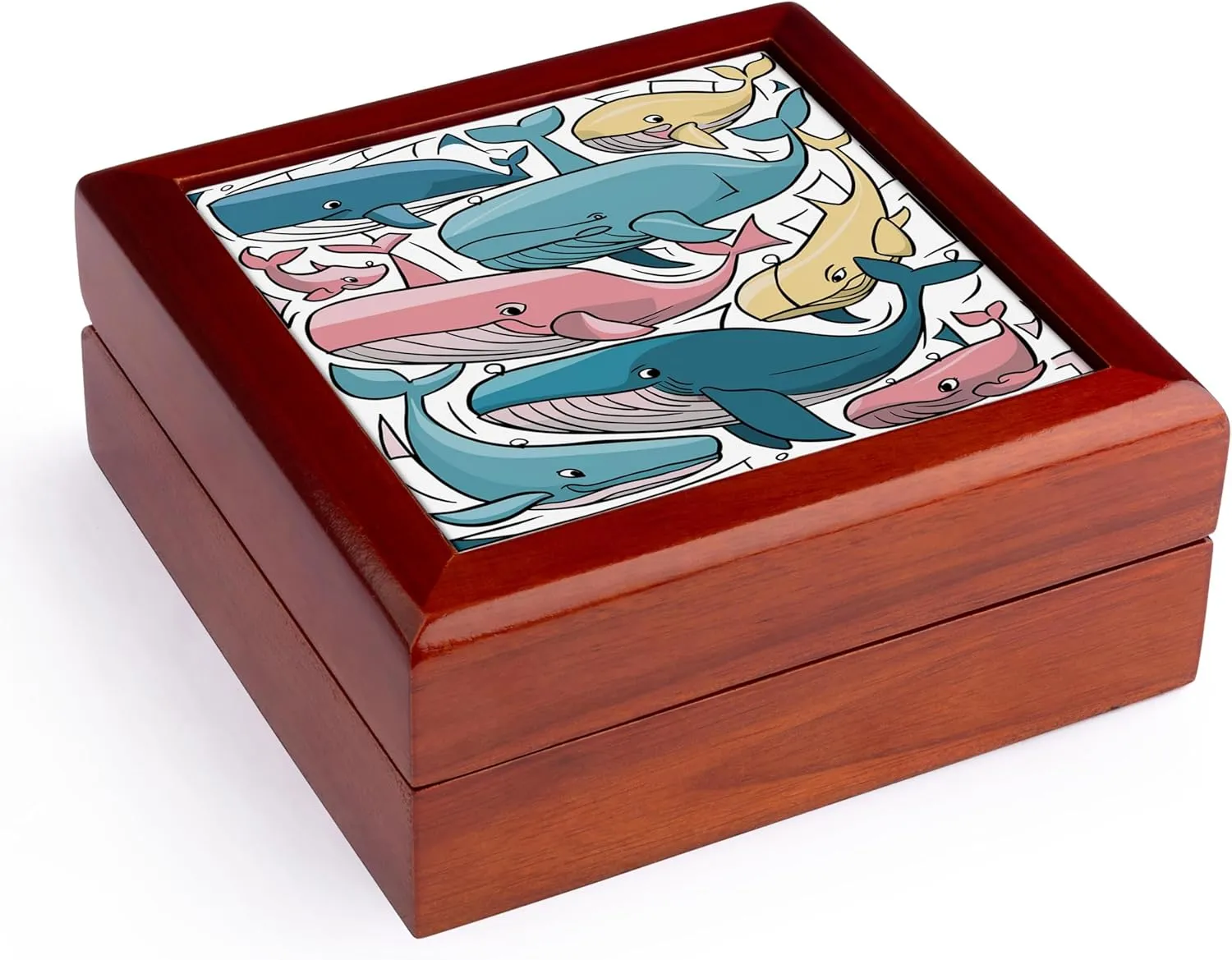 3dRose, Funny Cute Cool Artistic Colorful Beach Whales Pattern Animal Abstract, Jewelry Box 5.5x5.5 inch with 4 inch tile