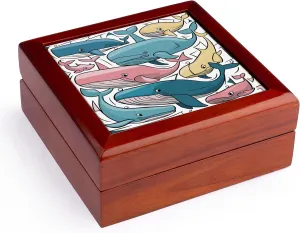 3dRose, Funny Cute Cool Artistic Colorful Beach Whales Pattern Animal Abstract, Jewelry Box 5.5x5.5 inch with 4 inch tile
