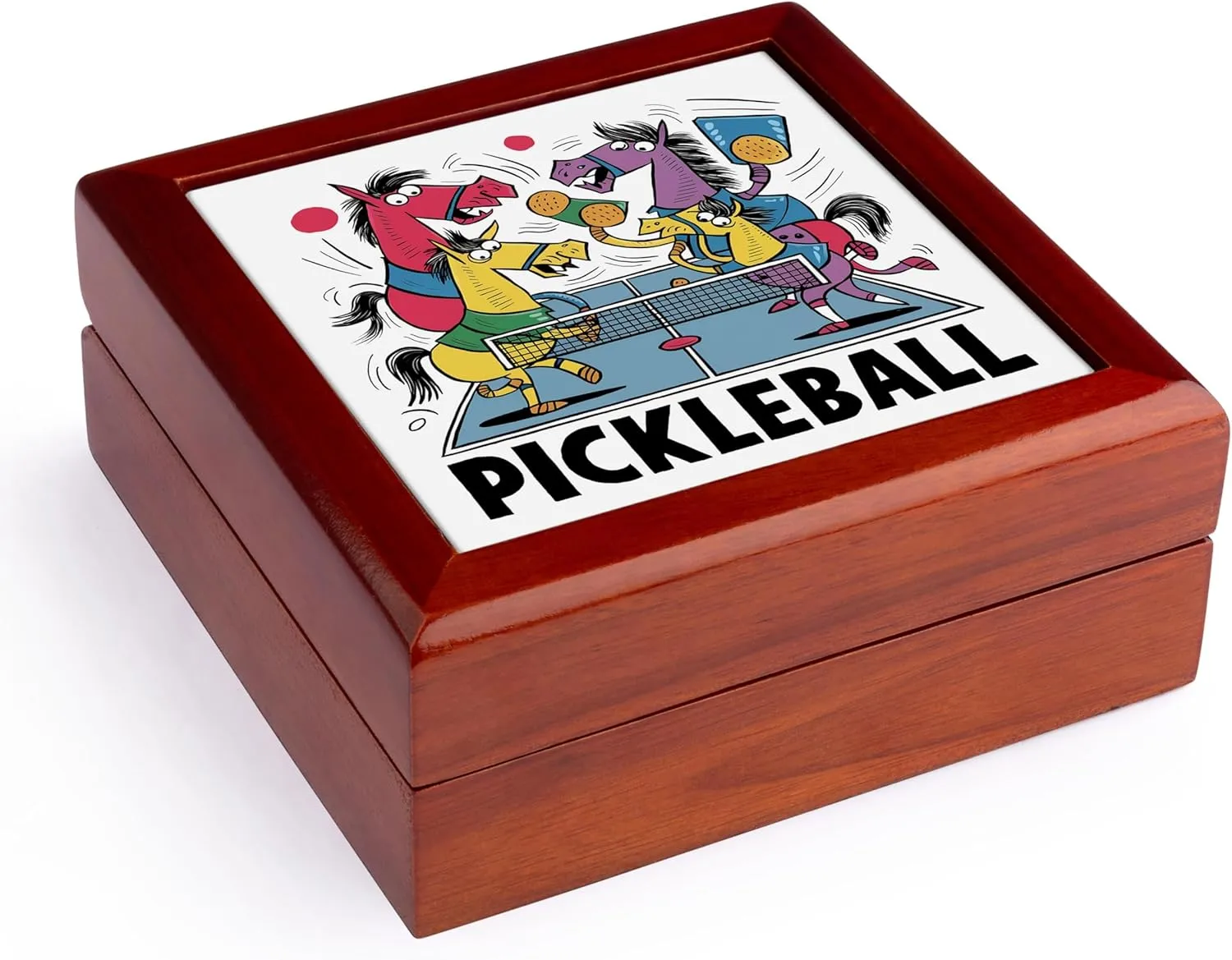 3dRose, Funny Cute Cool Artistic Colorful Horses Playing Pickleball Abstract, Jewelry Box 5.5x5.5 inch with 4 inch tile