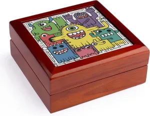3dRose, Funny Cute Cool Artistic Colorful Monsters Pattern Animal Abstract, Jewelry Box 5.5x5.5 inch with 4 inch tile