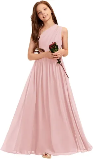 A-line One Shoulder Floor-Length Chiffon Junior Bridesmaid Dress for Wedding Teen Girls Party Gowns