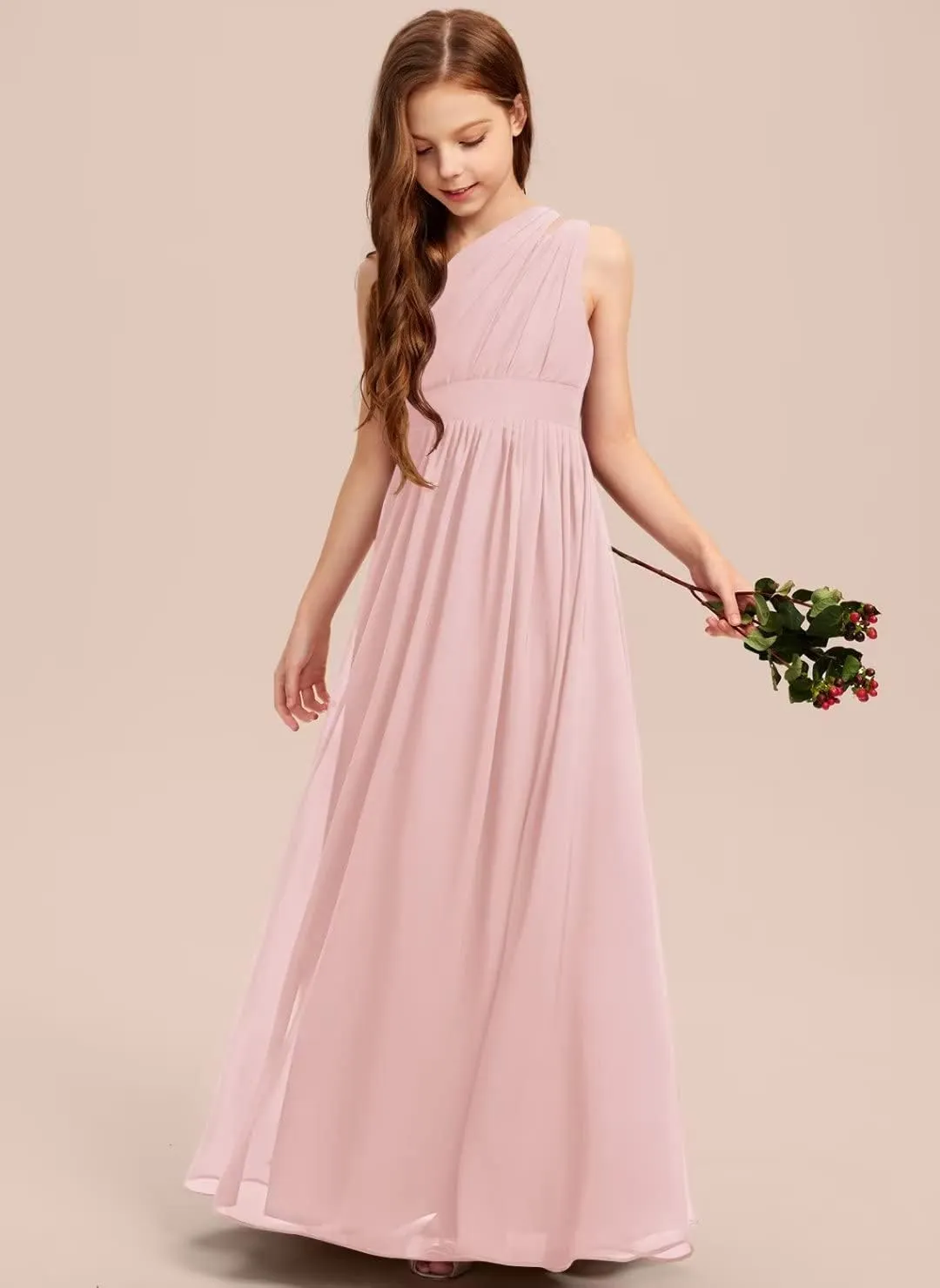 A-line One Shoulder Floor-Length Chiffon Junior Bridesmaid Dress for Wedding Teen Girls Party Gowns