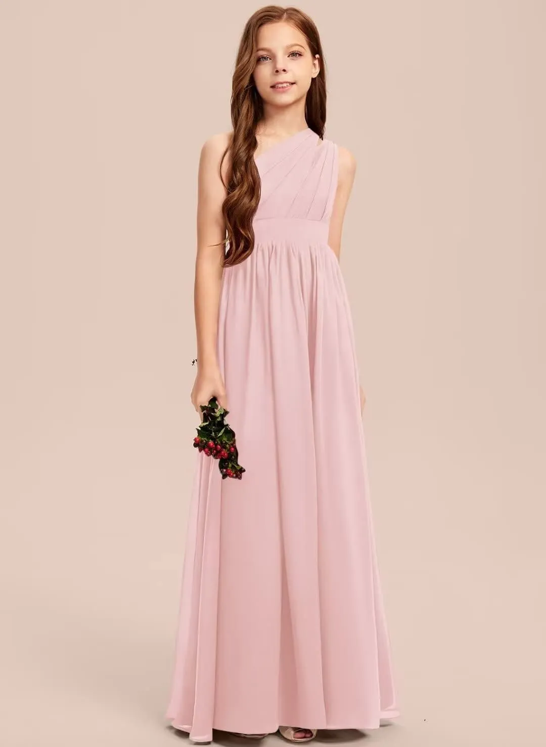 A-line One Shoulder Floor-Length Chiffon Junior Bridesmaid Dress for Wedding Teen Girls Party Gowns