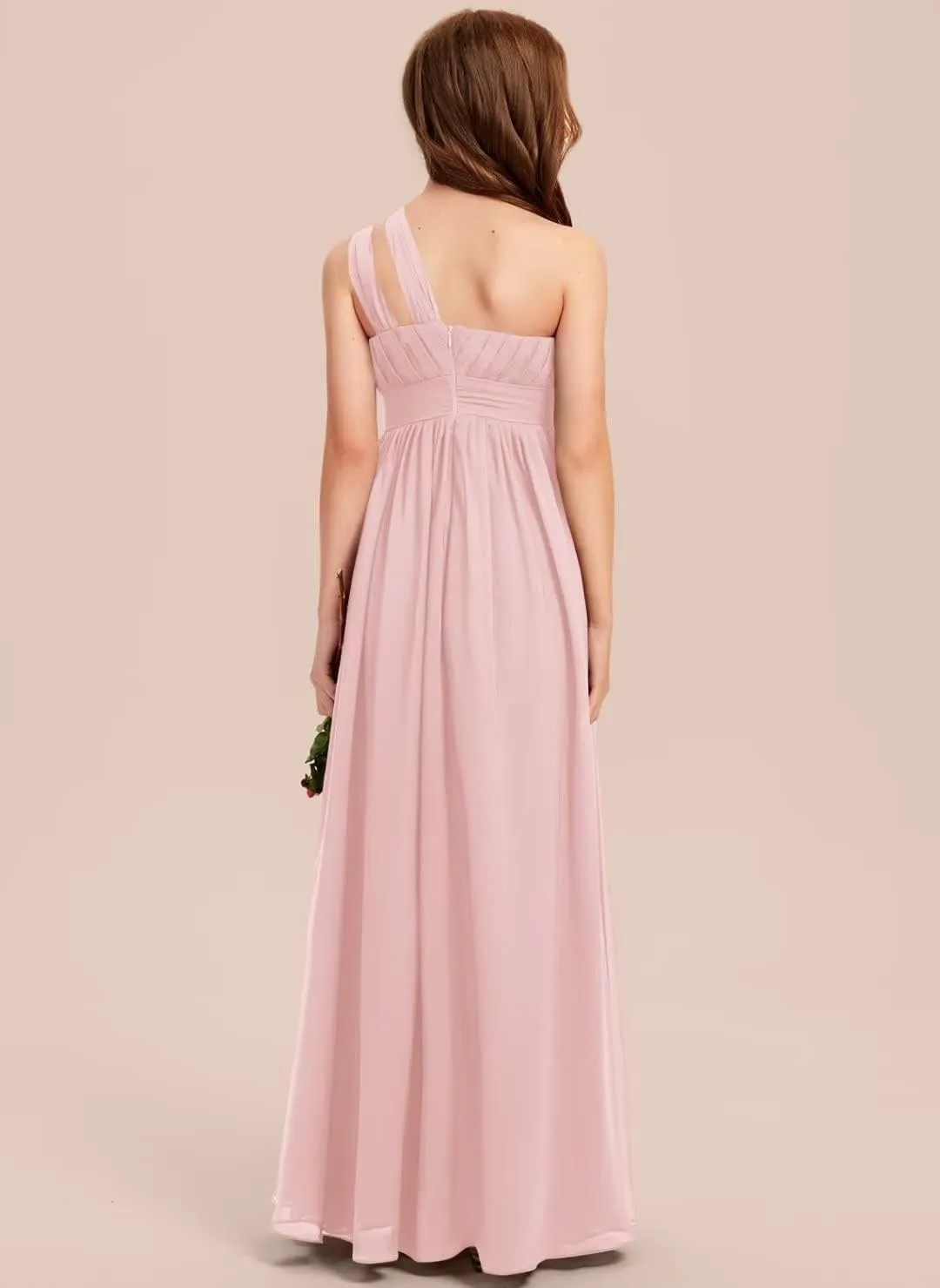 A-line One Shoulder Floor-Length Chiffon Junior Bridesmaid Dress for Wedding Teen Girls Party Gowns