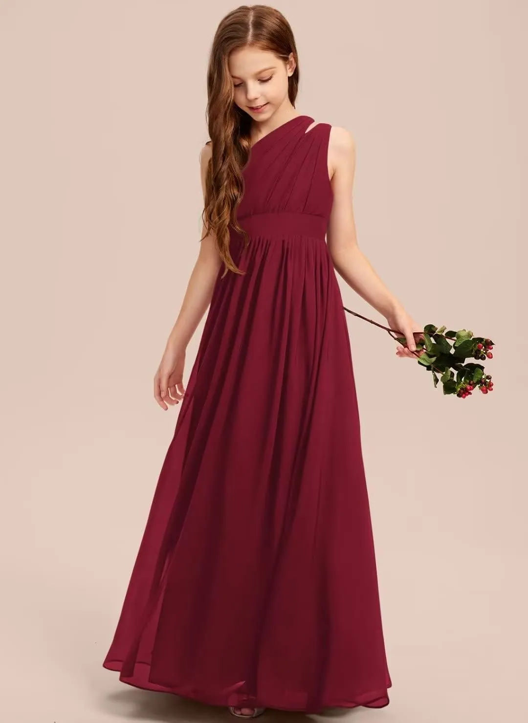 A-line One Shoulder Floor-Length Chiffon Junior Bridesmaid Dress for Wedding Teen Girls Party Gowns