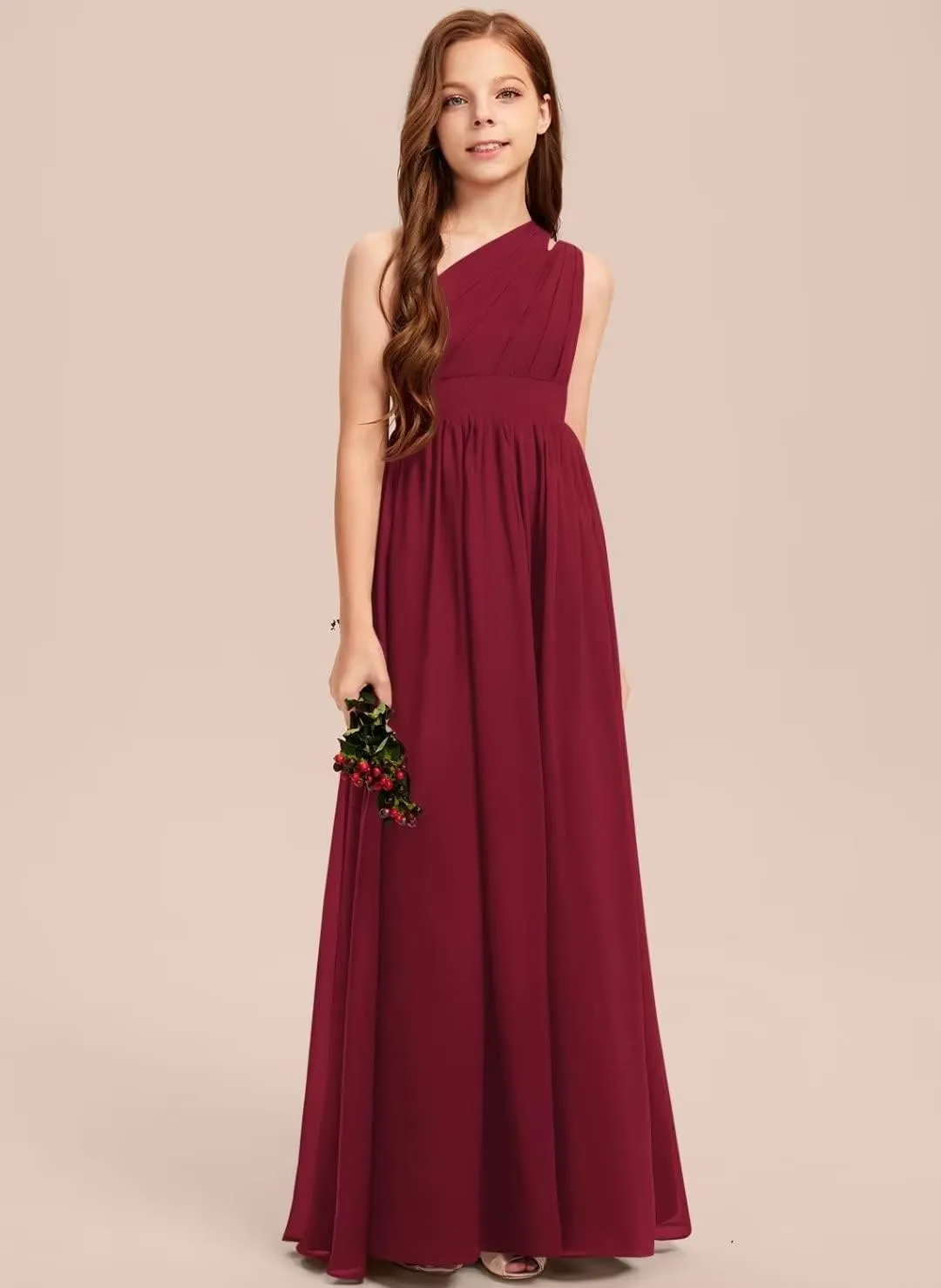 A-line One Shoulder Floor-Length Chiffon Junior Bridesmaid Dress for Wedding Teen Girls Party Gowns
