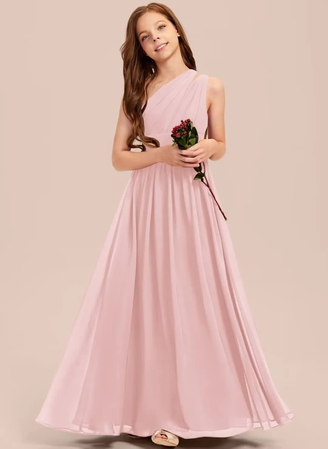 A-line One Shoulder Floor-Length Chiffon Junior Bridesmaid Dress for Wedding Teen Girls Party Gowns
