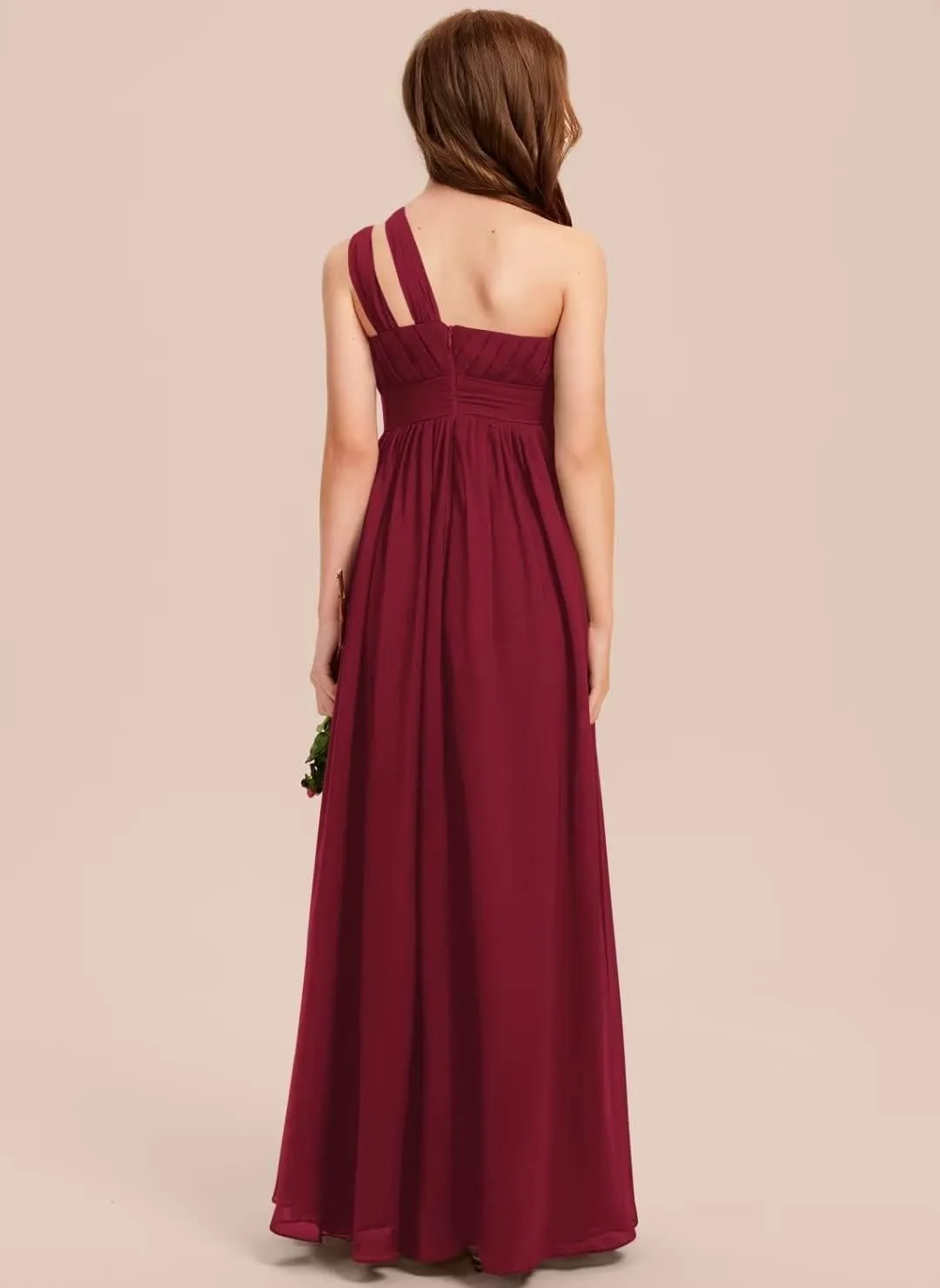 A-line One Shoulder Floor-Length Chiffon Junior Bridesmaid Dress for Wedding Teen Girls Party Gowns