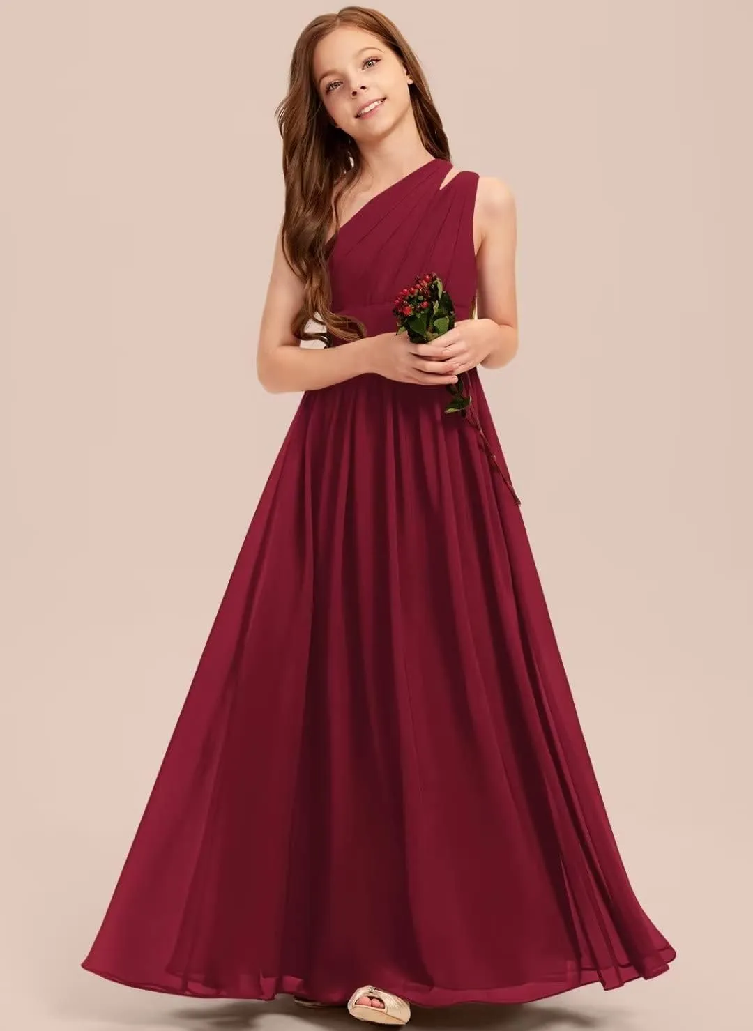 A-line One Shoulder Floor-Length Chiffon Junior Bridesmaid Dress for Wedding Teen Girls Party Gowns