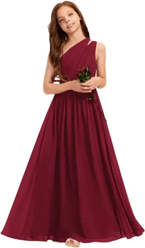 A-line One Shoulder Floor-Length Chiffon Junior Bridesmaid Dress for Wedding Teen Girls Party Gowns