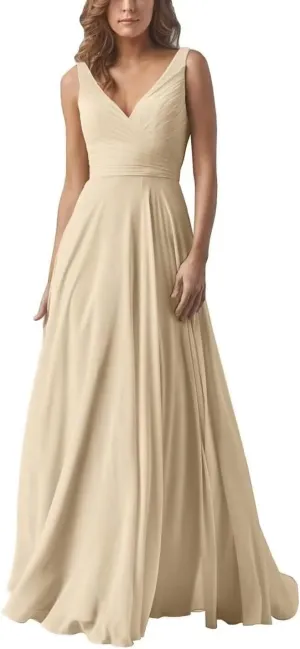 A Line Pleated Chiffon Bridesmaid Dresses Straps for Women, V Neck Prom Dresses Sleeveless Long Evening Dresses