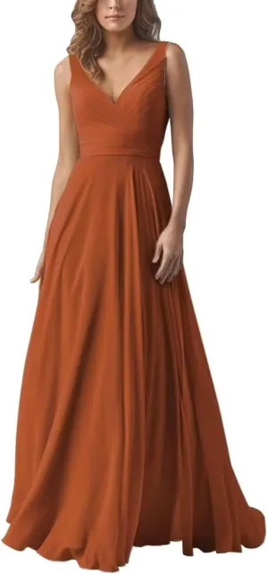 A Line Pleated Chiffon Bridesmaid Dresses Straps for Women, V Neck Prom Dresses Sleeveless Long Evening Dresses