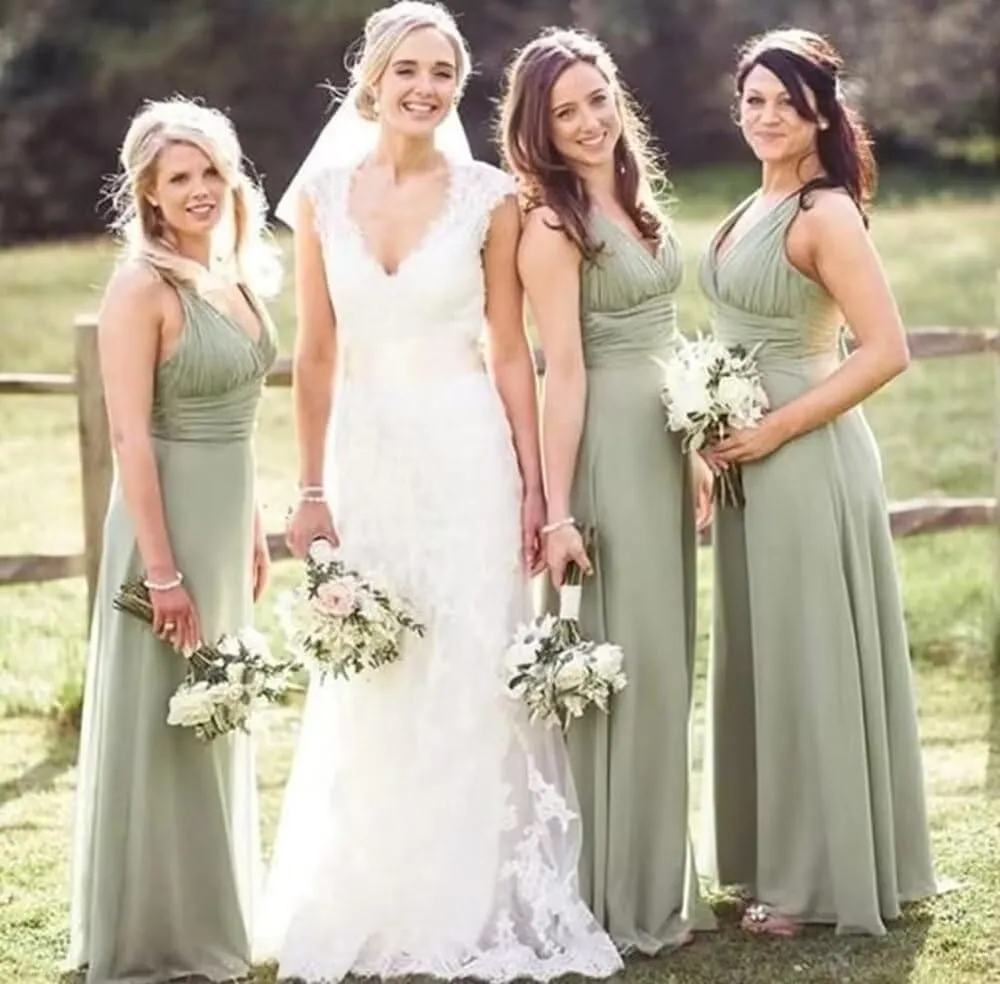 A Line Pleated Chiffon Bridesmaid Dresses Straps for Women, V Neck Prom Dresses Sleeveless Long Evening Dresses
