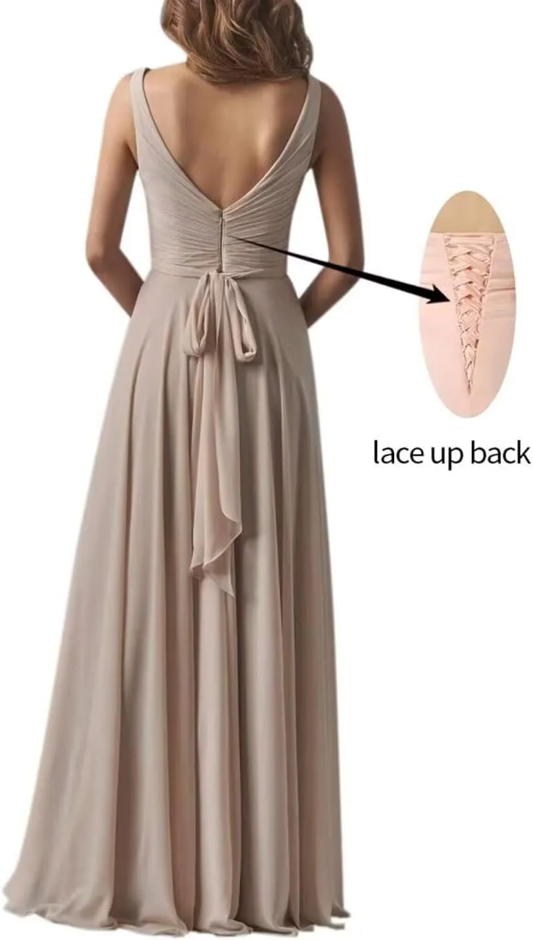 A Line Pleated Chiffon Bridesmaid Dresses Straps for Women, V Neck Prom Dresses Sleeveless Long Evening Dresses