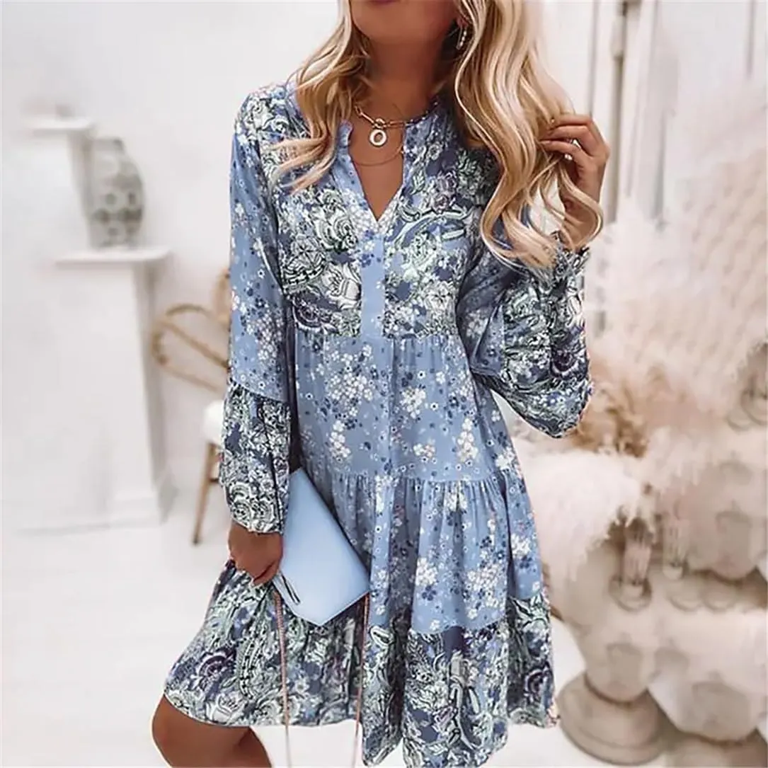 Adhdyuud Women Ruffle Loose Party Dress Casual V Neck Retro Floral Print Flare Sleeve Mini Dresses