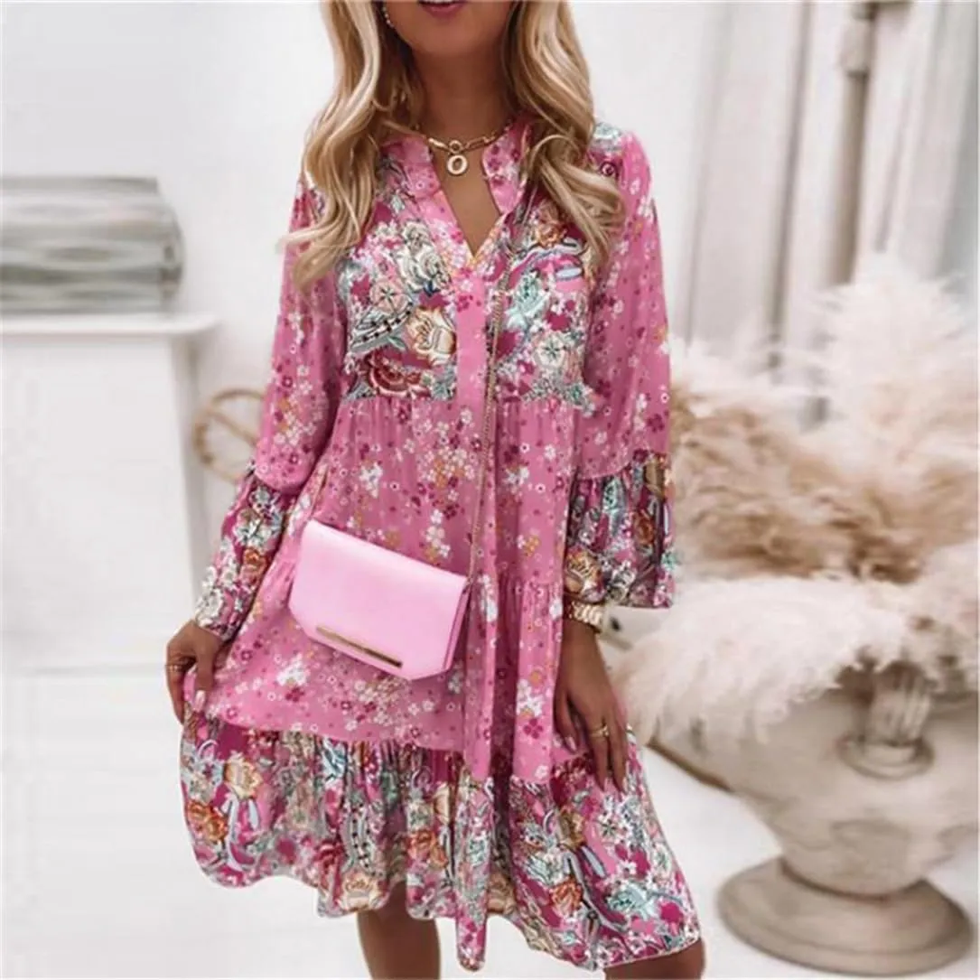 Adhdyuud Women Ruffle Loose Party Dress Casual V Neck Retro Floral Print Flare Sleeve Mini Dresses