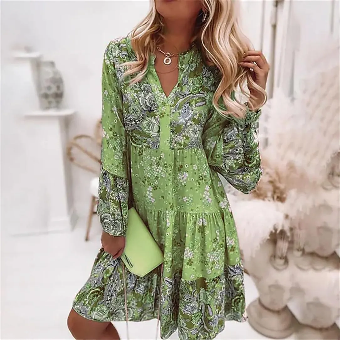Adhdyuud Women Ruffle Loose Party Dress Casual V Neck Retro Floral Print Flare Sleeve Mini Dresses