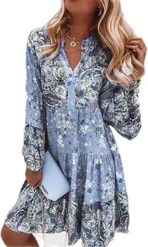 Adhdyuud Women Ruffle Loose Party Dress Casual V Neck Retro Floral Print Flare Sleeve Mini Dresses