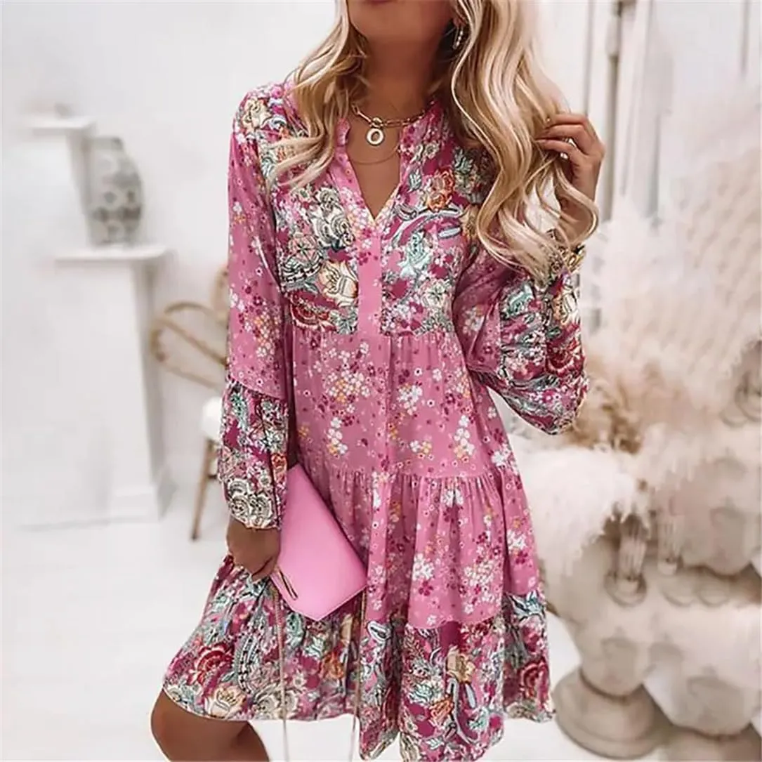 Adhdyuud Women Ruffle Loose Party Dress Casual V Neck Retro Floral Print Flare Sleeve Mini Dresses