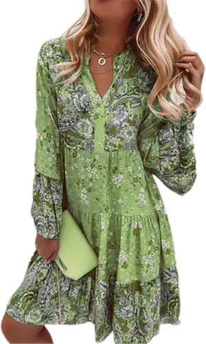 Adhdyuud Women Ruffle Loose Party Dress Casual V Neck Retro Floral Print Flare Sleeve Mini Dresses