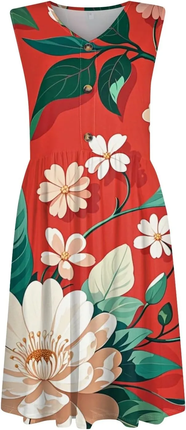 ADHOWBEW Sun Dresses for Women 2025 Sexy Flowy V Neck Plus Size Sleeveless Elegant Tropical Print Casual Dresses