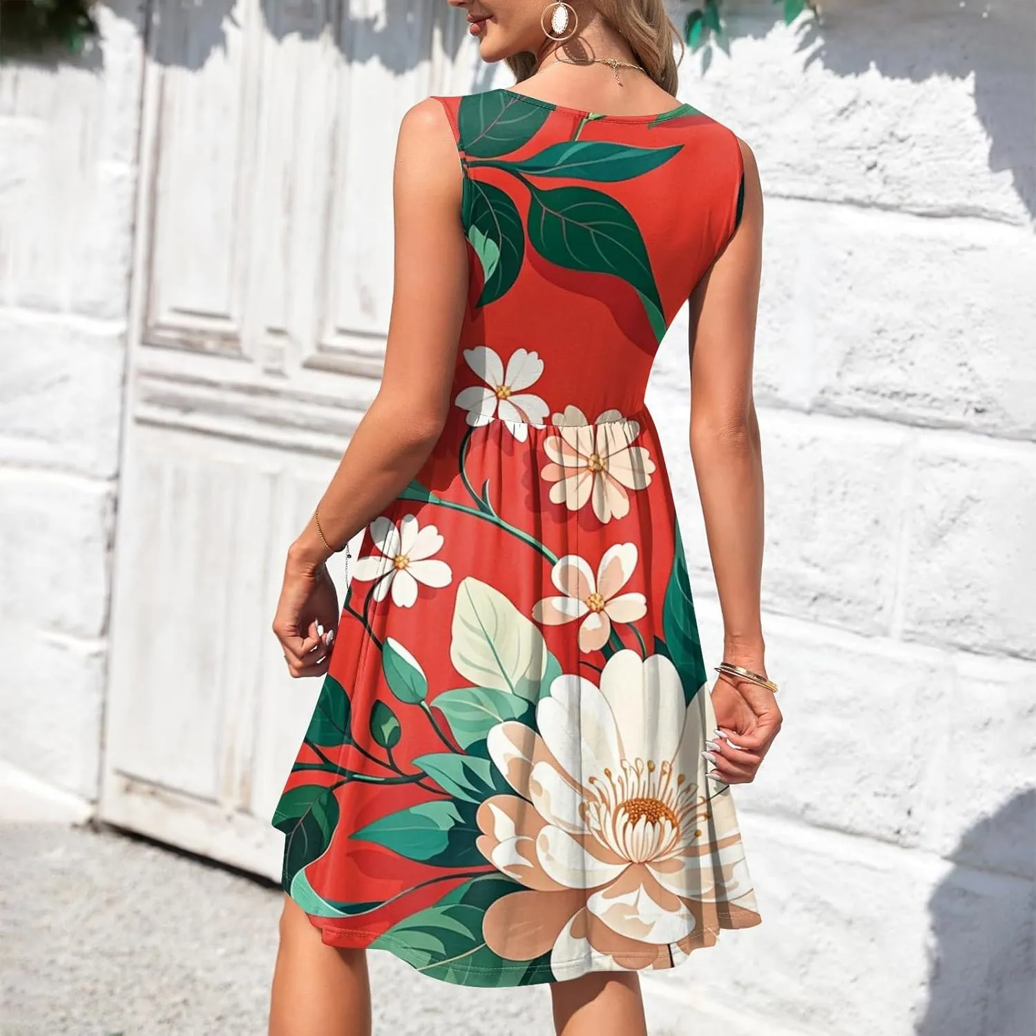 ADHOWBEW Sun Dresses for Women 2025 Sexy Flowy V Neck Plus Size Sleeveless Elegant Tropical Print Casual Dresses
