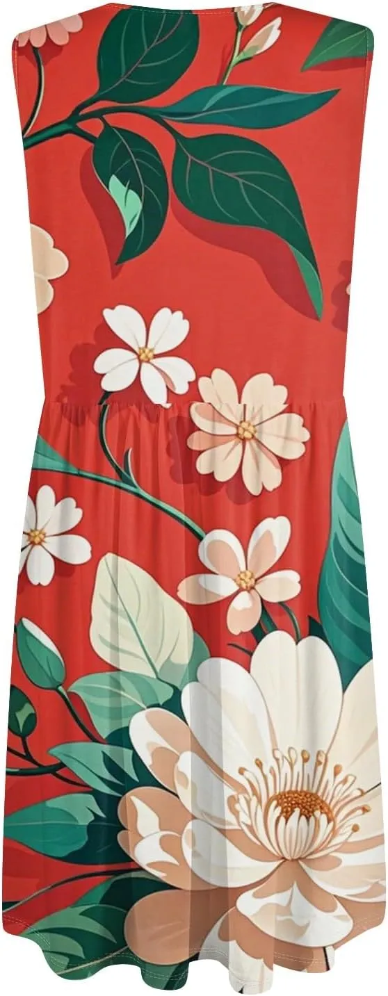 ADHOWBEW Sun Dresses for Women 2025 Sexy Flowy V Neck Plus Size Sleeveless Elegant Tropical Print Casual Dresses