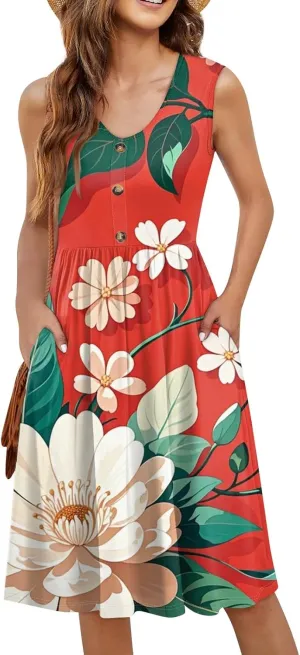 ADHOWBEW Sun Dresses for Women 2025 Sexy Flowy V Neck Plus Size Sleeveless Elegant Tropical Print Casual Dresses