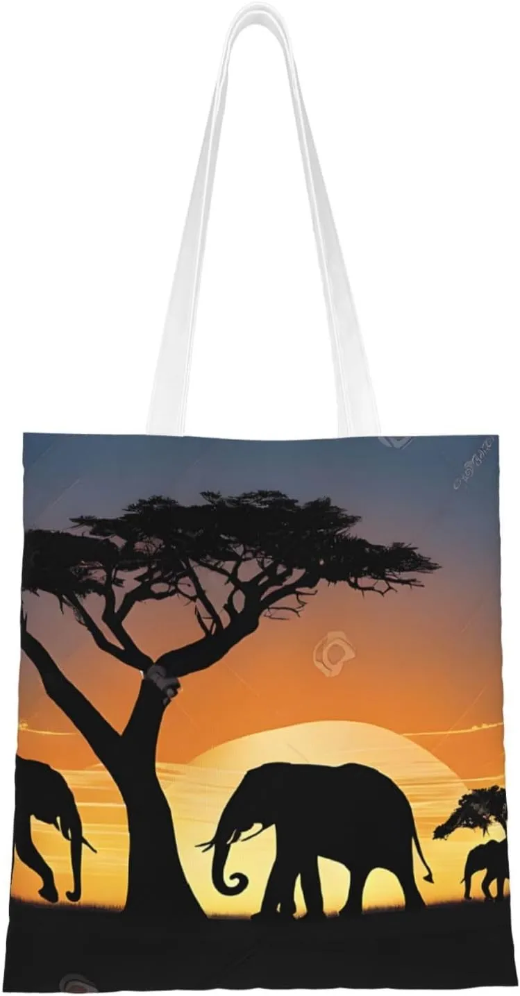 (African Elephant) Reusable Canvas Tote Bag For Women Lightweight Handbag Shopping Bag Stylish Shoulder Bag
