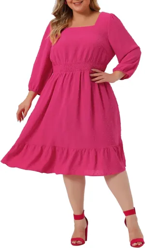 Agnes Orinda Plus Size Midi Dresses for Women Vintage Square Neck Swiss Dots Boho Chiffon Dress 2023