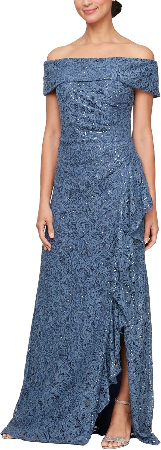Alex Evenings Women's Long Foldover Off The Shoulder Gown, Formal Event, Mother of The Bride Dress