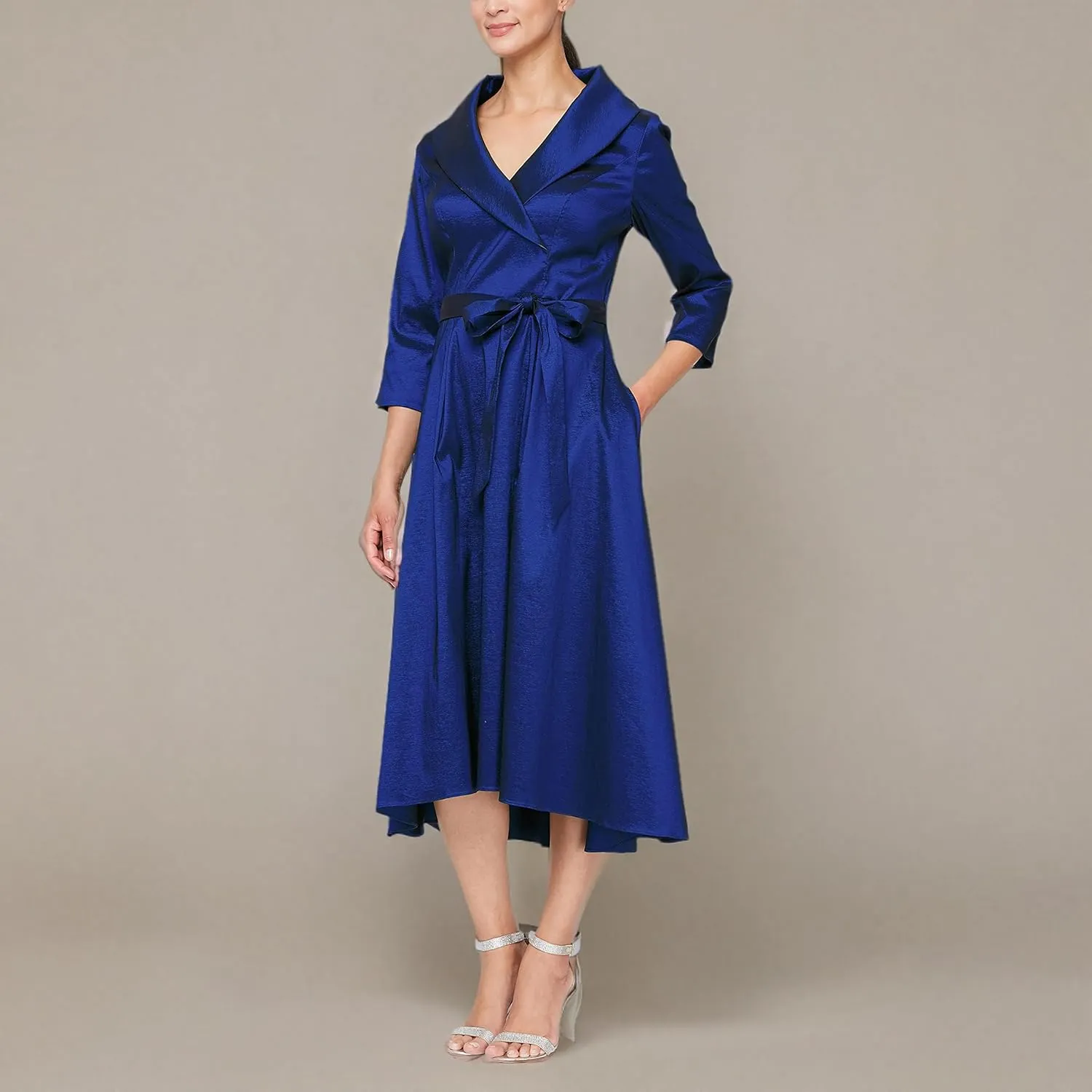 Alex Evenings Women's Portrait Collar Dress with Full Skirt, Pockets, and Tie Belt
