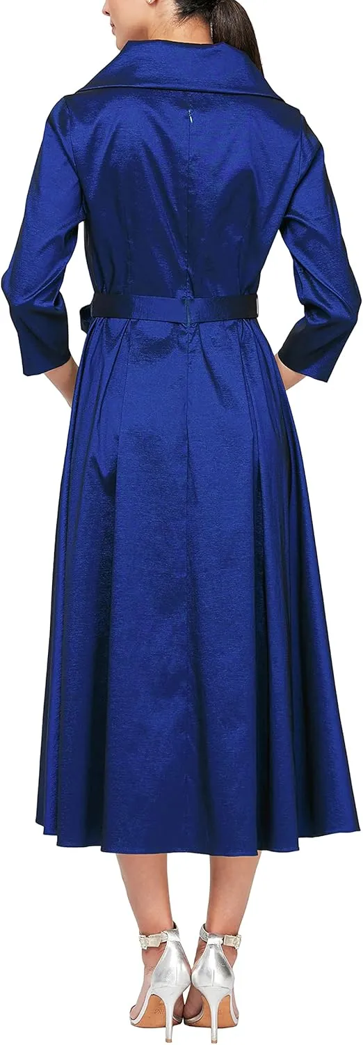 Alex Evenings Women's Portrait Collar Dress with Full Skirt, Pockets, and Tie Belt